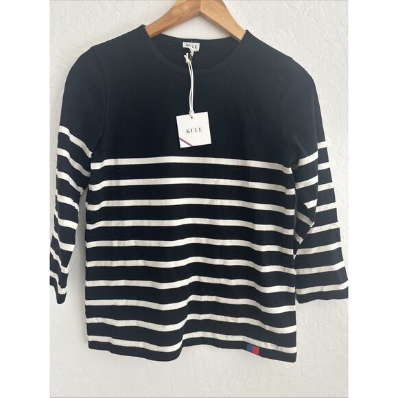 Kule The Classic Top Womens XS Tee Black Cream Stripe Cotton Preppy Coastal Fall - Picture 1 of 7